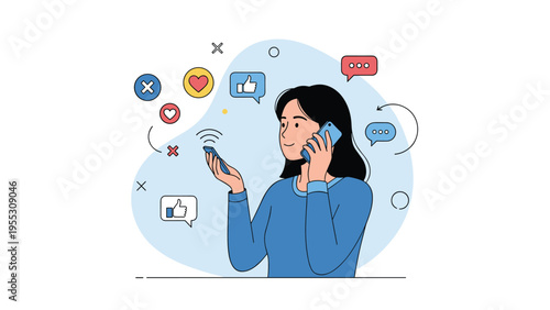 Woman using two mobile phones at once while surrounded by floating social media icons like hearts and notification bubbles for connectivity.