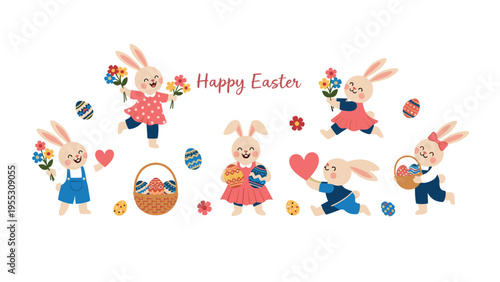 Collection of adorable Easter bunnies holding flowers and colorful eggs with the text Happy Easter to celebrate the spring holiday.