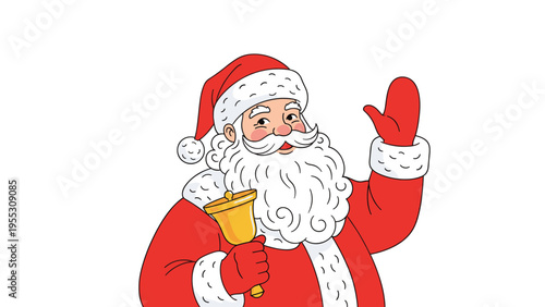 Friendly Santa Claus in his traditional red suit and hat waving one hand and ringing a golden bell for Christmas holiday celebrations.