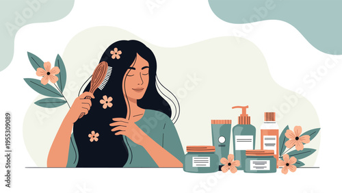 Beautiful woman brushing her long dark hair with a wooden brush surrounded by various cosmetic bottles and pink flowers for beauty care.