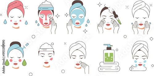 Facial skincare routine set with cleansing moisturizing and mask steps, beauty face care process icons vector illustration