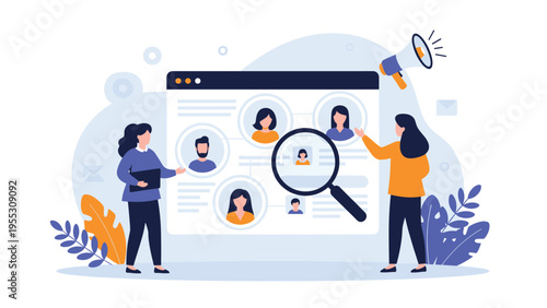 Two women using a large magnifying glass to look at team member profiles on a web page for human resources and recruitment purposes.