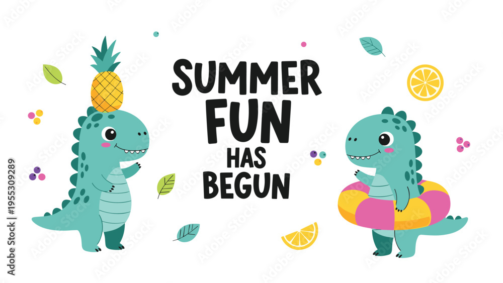 Fototapeta premium Cute cartoon dinosaurs enjoying summer activities with a pineapple on head and a swim ring surrounded by fruits and leaves.
