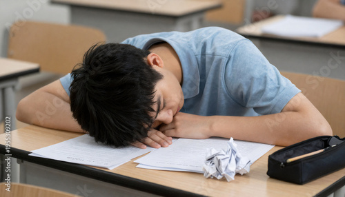 Exhausted student sleeping on desk during exam in classroom, stress and academic fatigue concept. 