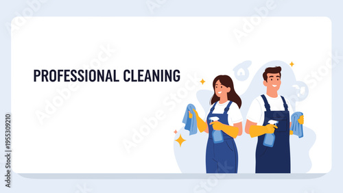 Professional cleaners in blue overalls and yellow gloves holding spray bottles and cleaning cloths with text saying professional cleaning.