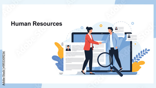 Human resources concept showing two professionals shaking hands in front of a computer screen displaying various resumes and profiles.