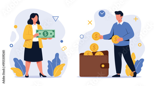 Businesswoman holding a large dollar bill and a man putting gold coins into a big wallet representing income and savings concept.