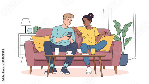 Young couple relaxing on a purple sofa in their living room while looking at a smartphone together and having a conversation.