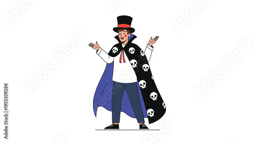 Young man dressed in a spooky Halloween costume featuring a black cape with skull prints and a top hat with a red band.