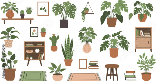 Indoor houseplants set with potted plants and home decor elements, cozy interior greenery collection for modern living vector illustration
