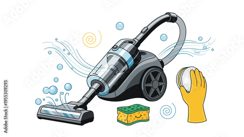 Modern grey cylinder vacuum cleaner with suction power lines shown next to a yellow cleaning glove and a smiley face sponge.
