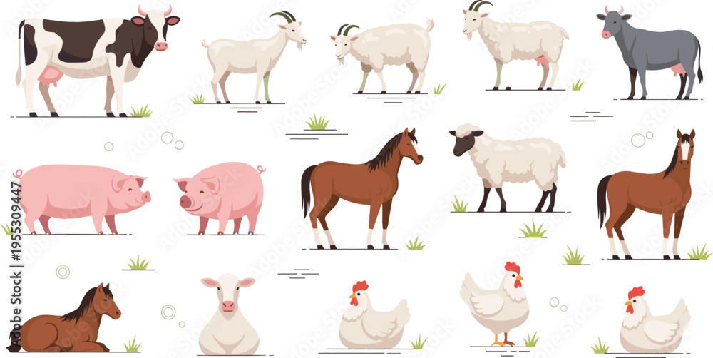 Obraz premium Farm animals set with cow sheep goat pig horse and chicken, domestic livestock collection for agriculture vector illustration