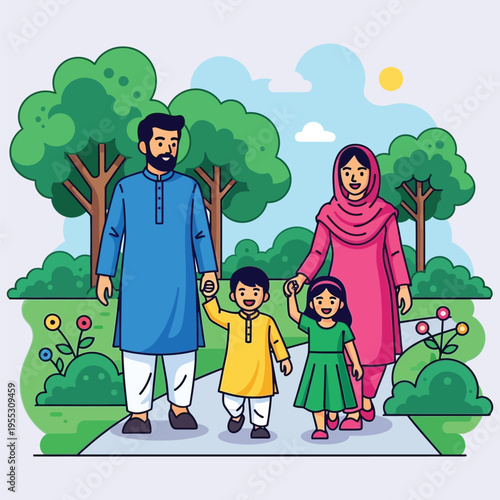 Pakistani family walking in park, traditional clothes, happy parents and children, illustration