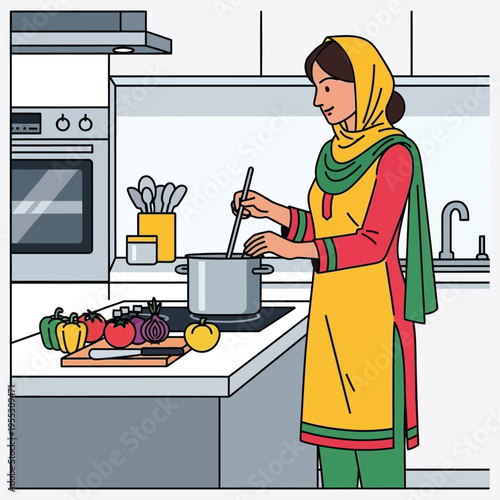 Woman cooking in modern kitchen, preparing food on stove with vegetables on counter