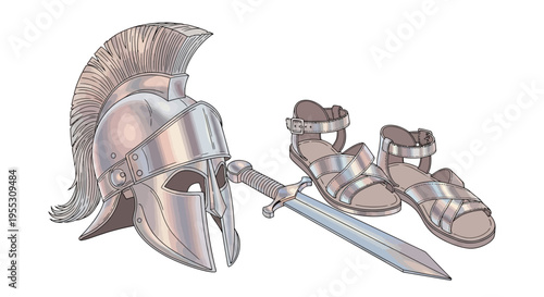 Spartan warrior helmet and sword.