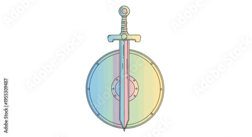 Sword stuck in round shield.