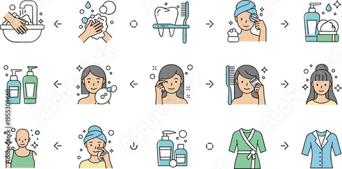 Daily hygiene routine set with washing brushing skincare and dressing steps, personal care process icons collection vector illustration