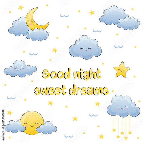 cute postcard clouds moon and stars good night