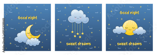 cute postcard clouds moon and stars good night