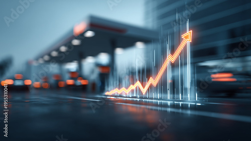 Market growth trends in fuel prices urban gas station digital visualization nighttime aerial perspective