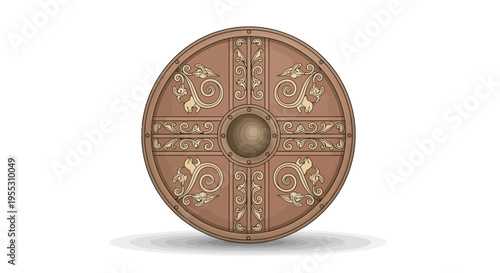Brown metal shield with gold designs.