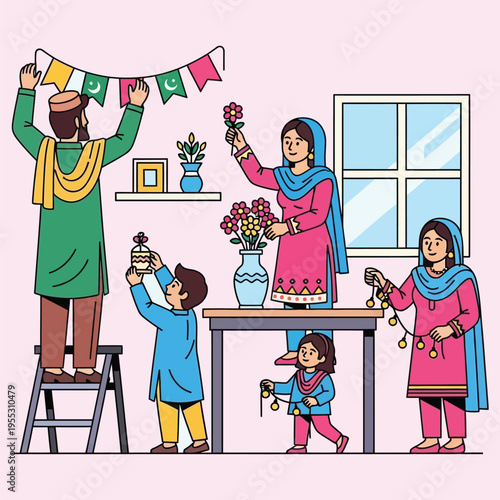 Family decorating home with flags and flowers for celebration, festive preparation indoors