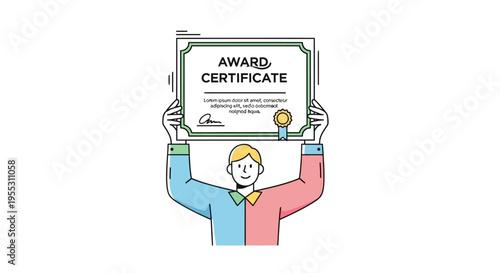 Man Holding Award Certificate Up High.