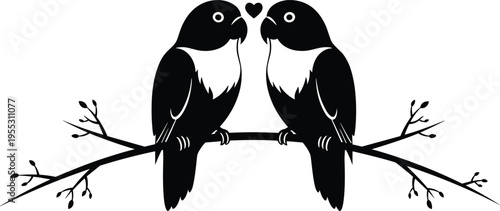 Black and white vector silhouette of two lovebirds perched on a tree branch with a small heart, representing romance and nature for wedding or Valentine designs.