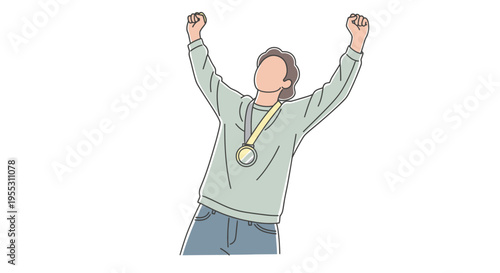 Man Wearing Gold Medal Celebrates Victory.