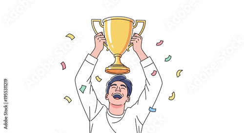 Man Holding Up Golden Trophy Cup.