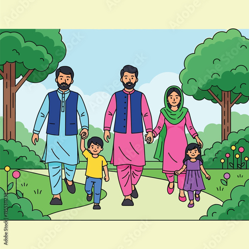 Happy pakistani family walking together in green park during sunny day