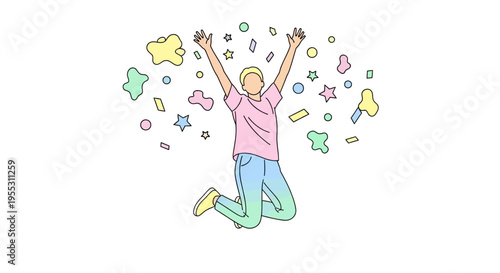 Young man jumping with colorful confetti.