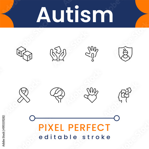 Autism awareness icon collection with puzzle pieces, support symbols, inclusion and neurodiversity elements modern minimal vector set