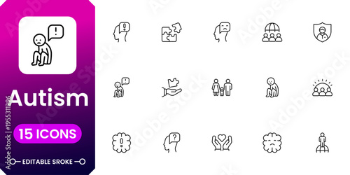 Autism awareness and support icon pack featuring puzzle ribbon, inclusion, therapy and neurodiversity symbols clean vector design