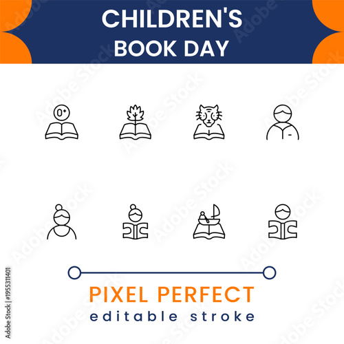 Children book day icon collection with reading, storytelling, kids education and literature symbols modern minimal vector set