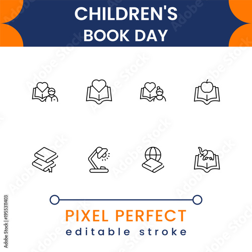 Children book day icon collection with reading, storytelling, kids education and literature symbols modern minimal vector set