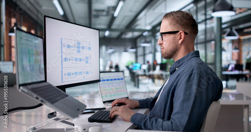 Businessman Analyzes Digital Organizational Chart, Strategizing Work Process