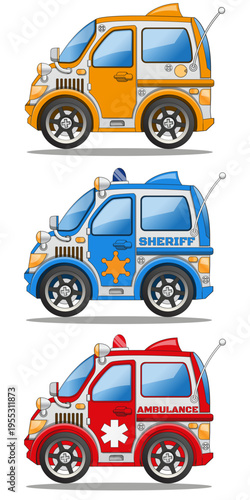 A set of funny service cars. Side view. Isolated on white background. Vector illustration.