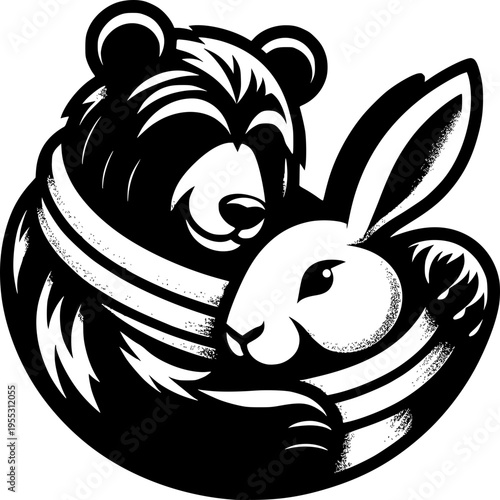 Harmonious Embrace: A captivating illustration portrays a tender moment of unity and friendship as a bear and rabbit come together in a warm embrace, symbolizing companionship and understanding.