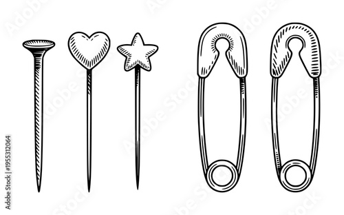Hand drawn of sewing pins and safety pins in heart star and round shapes