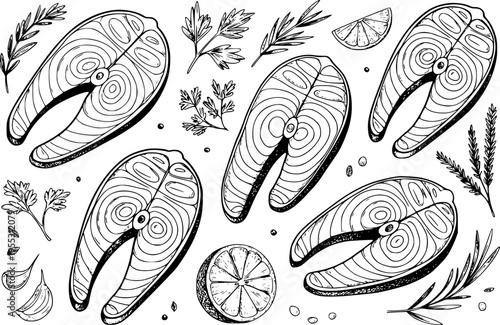 Hand drawn black and white of fresh salmon steaks with lemon slices and herbs fish