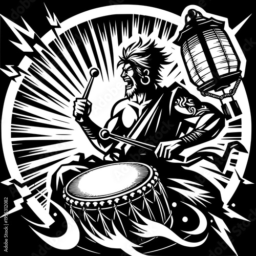 Rhythmic Fury: A muscular figure beats a drum with fierce intensity, embodying a blend of traditional artistry and powerful expression.