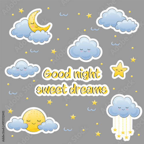 cute set of stickers with clouds, moon and stars, good night