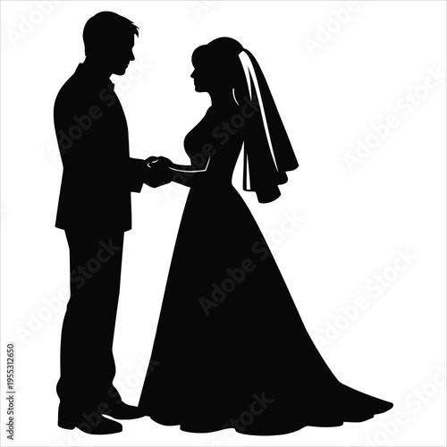A black silhouette of a bride and groom holding hands