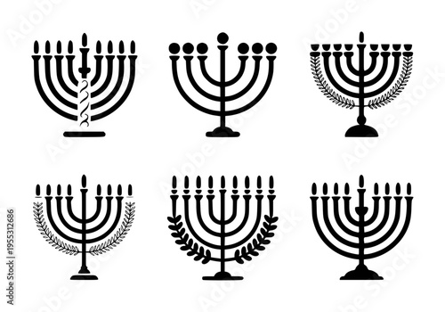 Collection of black menorah with varied decorative a white background hanukkah jewish