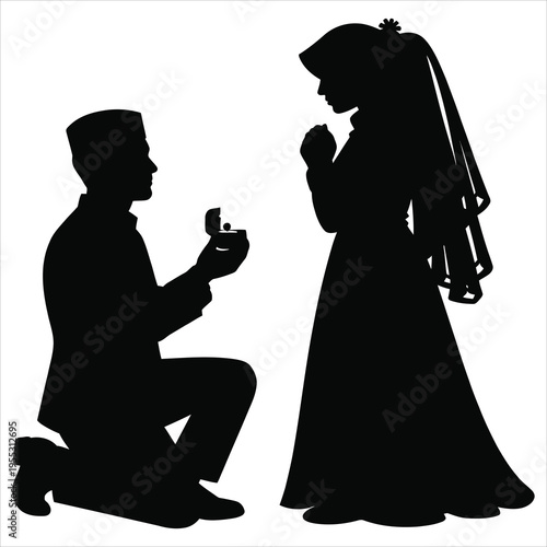 Black silhouette of man proposing to woman vector