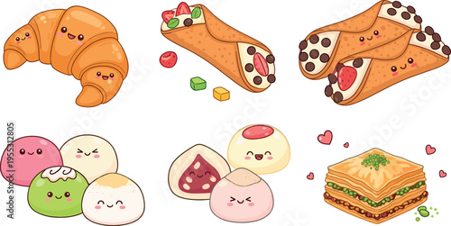 Cute dessert and snack characters set with croissant crepes mochi sweets and layered cake kawaii food vector illustration