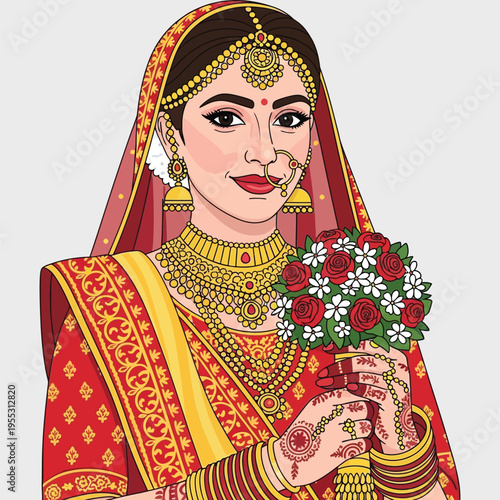 Beautiful indian bride in traditional red wedding dress with gold jewelry and henna holding a bouquet of flowers