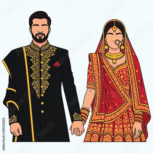 Bride and groom in ornate wedding clothes holding hands for marriage ceremony