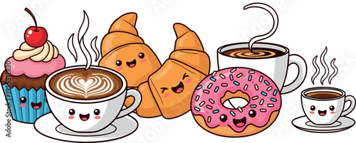 Cute coffee and pastry characters with croissants donut cupcakes and hot drinks kawaii food illustration vector set design